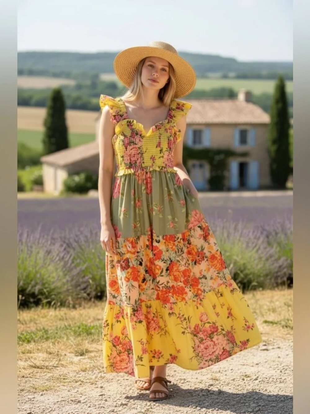 Rebellion Again Emilia Maxi Dress French Country Floral Tiered Yellow Boho Maxi